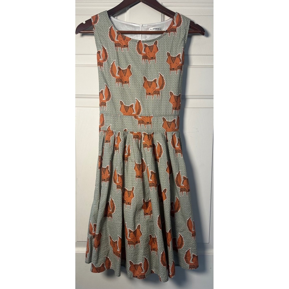 LA Soul Women's M Dress Fox‎ Print Fit & Flare Tie Back Pleated Waist Green